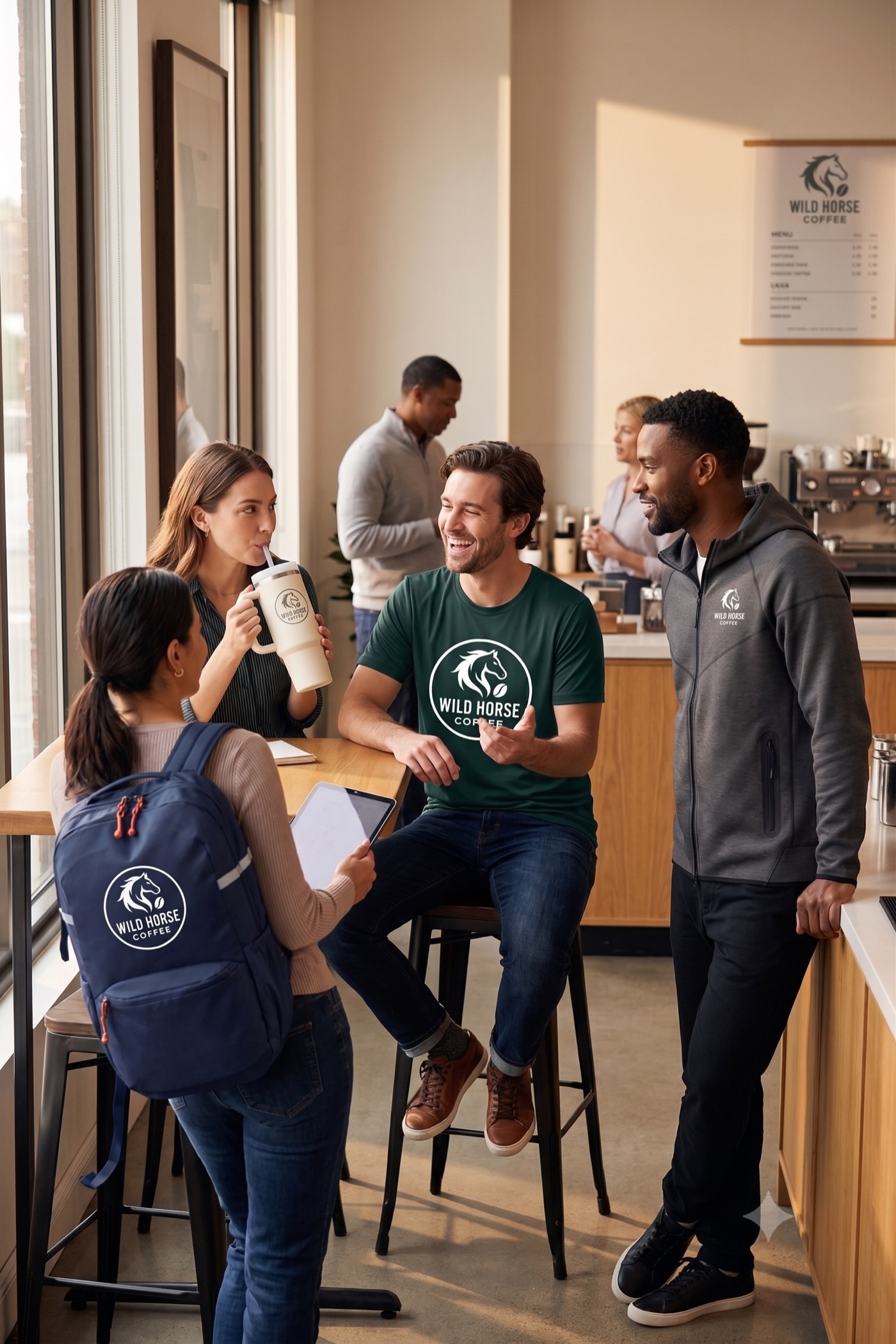 A team wearing branded merch in a coffee shop