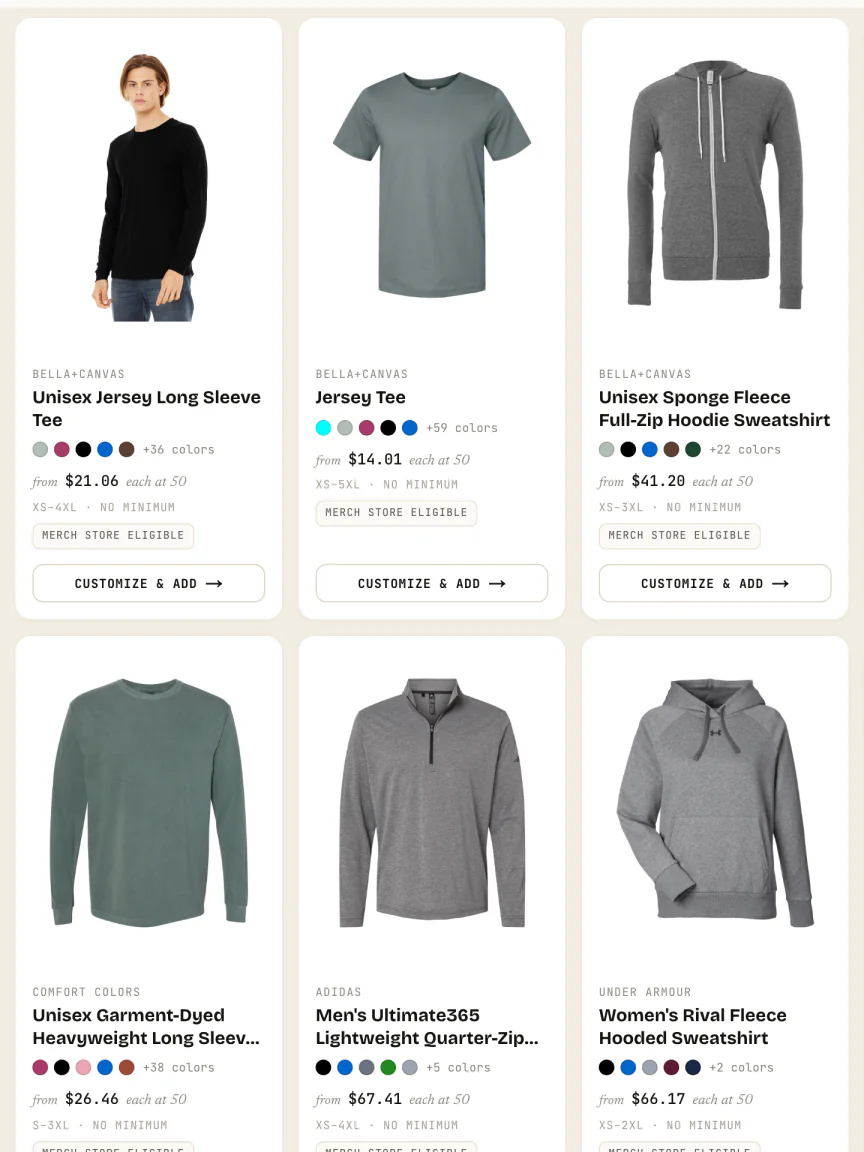 The catalog grid — name-brand blanks with per-piece prices and color counts