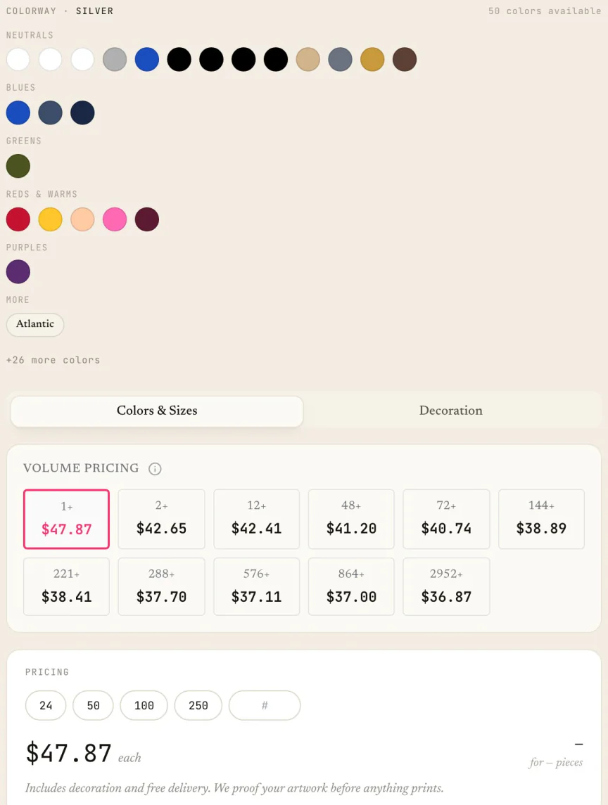 A product page with fifty colorways and the full volume-pricing ladder
