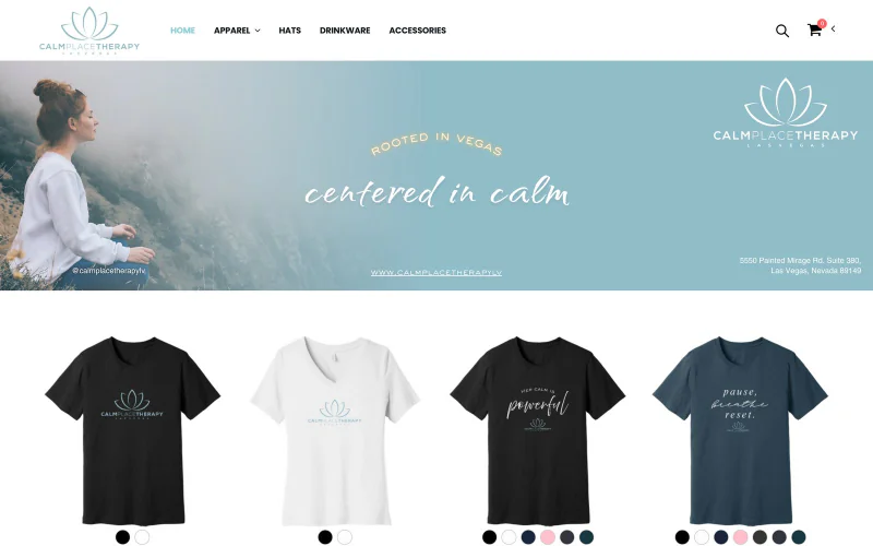 The Calm Place Therapy store — teal lotus branding, tees and hats